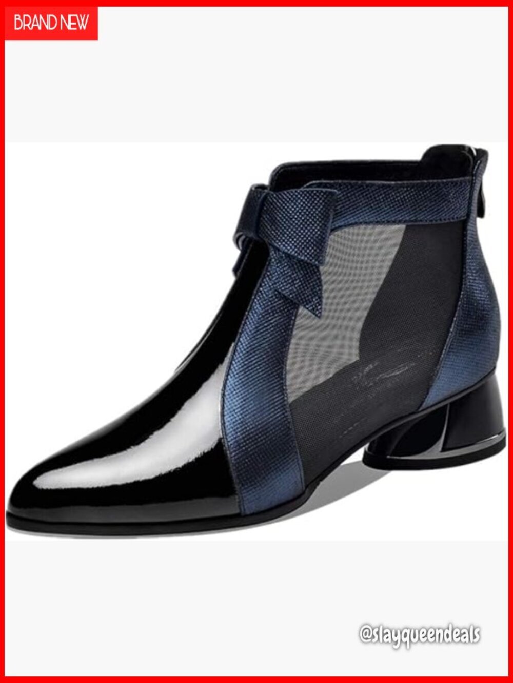 Patent Leather Ankle Boots Pointed Toe Low Chunky Heel Back Zipper